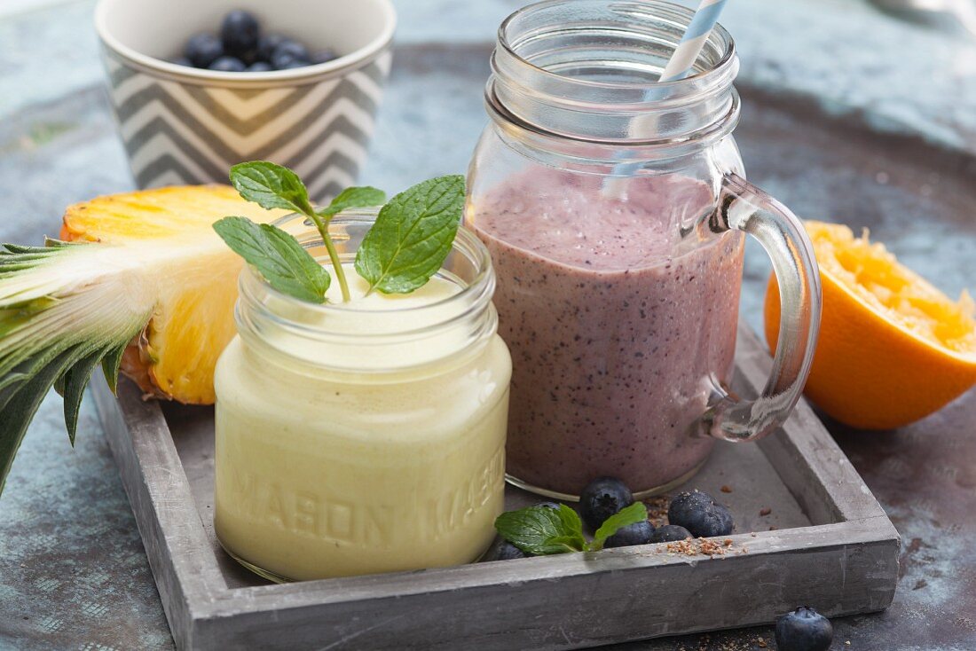 Pineapple and blueberry smoothies to take away