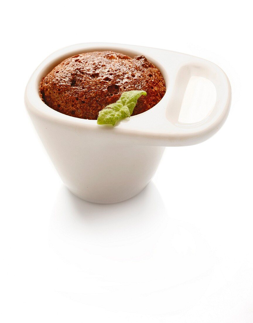 Warm chocolate and almond pudding in a cup