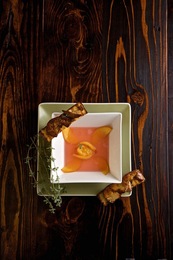 Cold nectarine soup with goose liver croutons