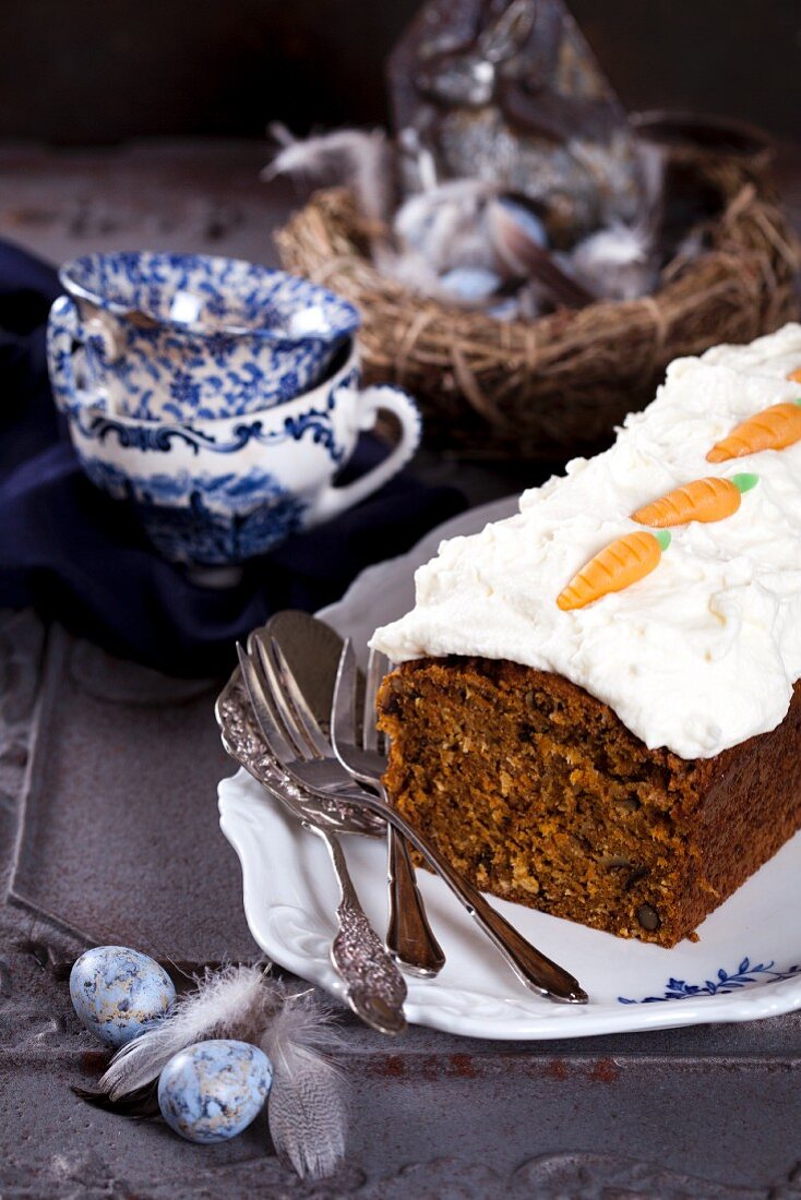 Coconut, walnut and carrot cake with coconut cream and coconut flour sugar for Easter