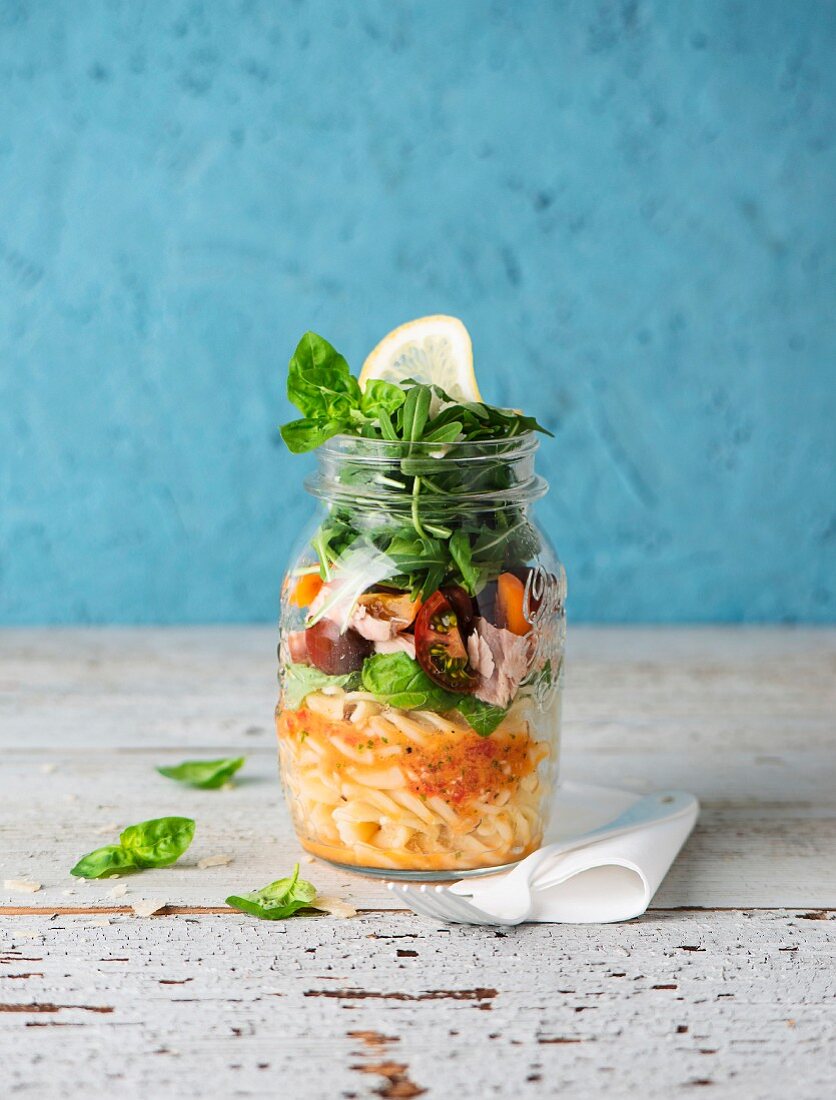 An Italian salad in a jar