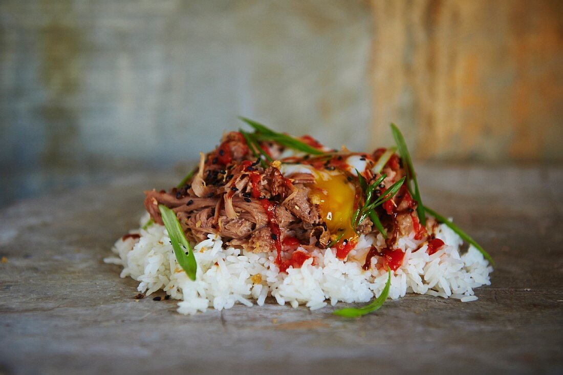 Reis mit Schweinefleisch, Frühlingszwiebeln und Sesam (Philippinen, Asien)