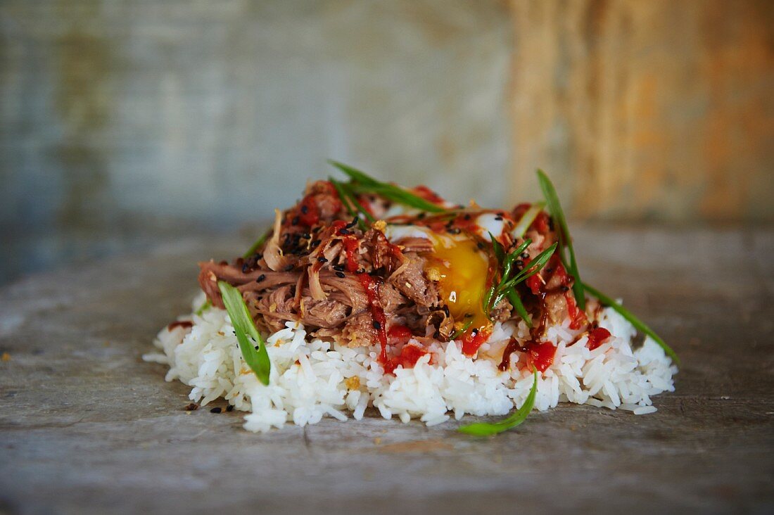 Rice with pork, spring onions and sesame seeds (Philippines, Asia)