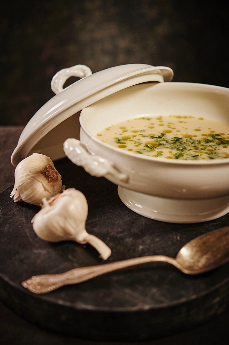 Knoblauchsuppe mit grünen Zwiebeln und Kräuteröl in Suppenterrine