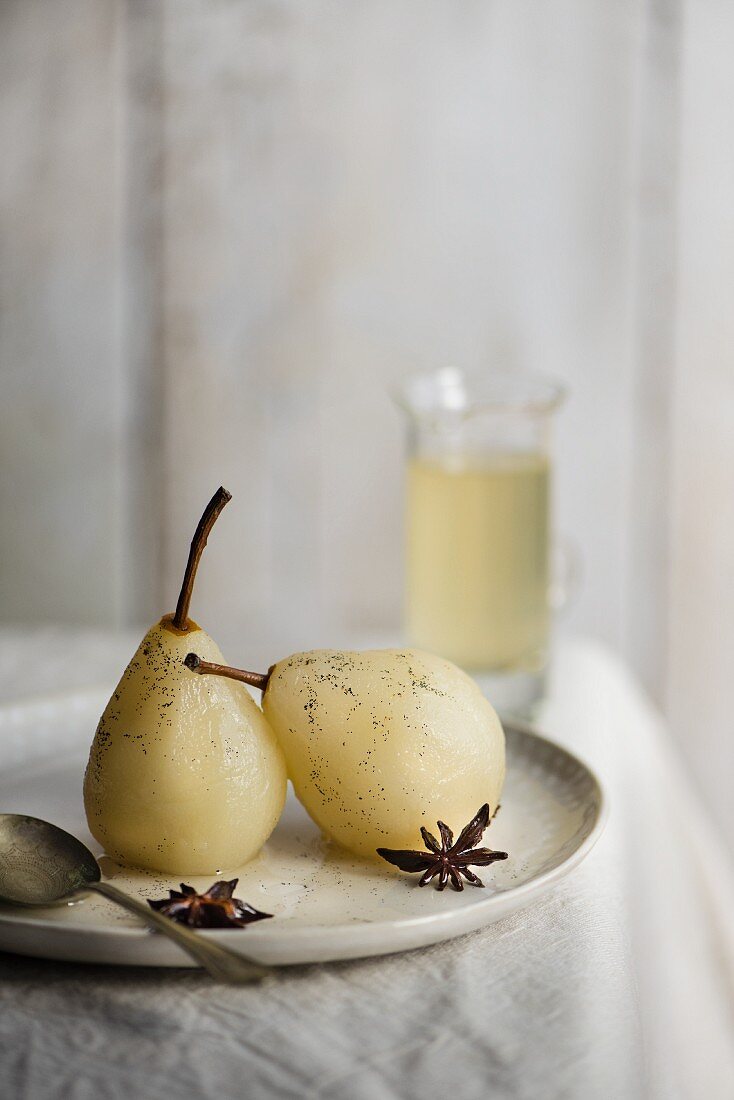 White wine pears with star anise and vanilla
