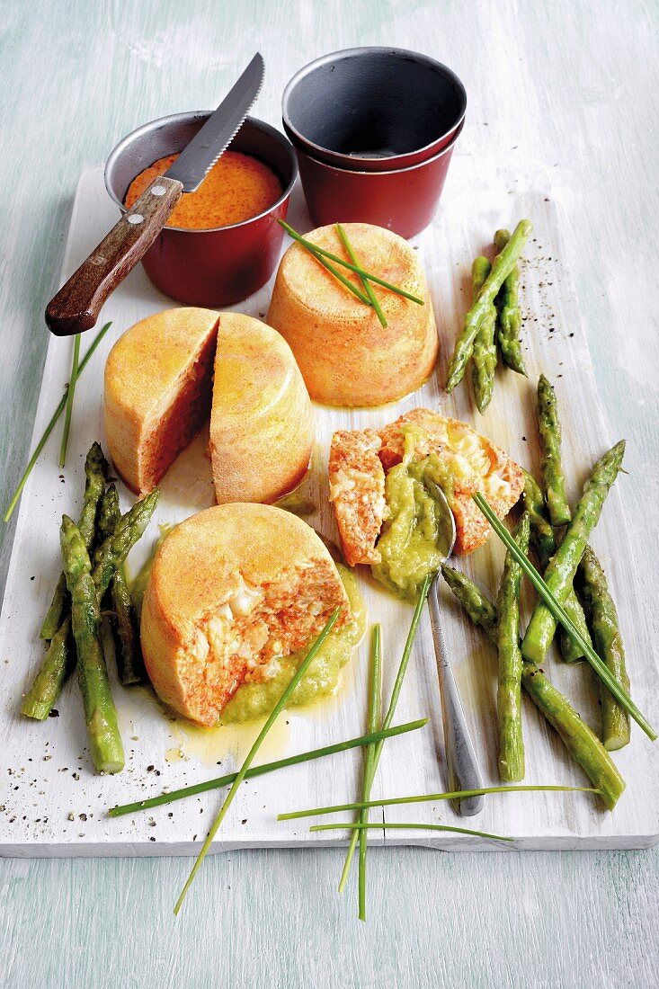 Cod Flans with cayenne pepper and green asparagus puree