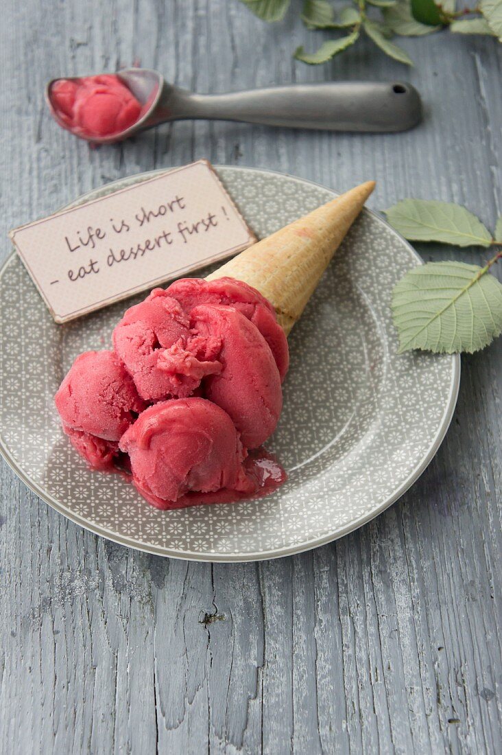 Himbeersorbet in einer Eiswaffel