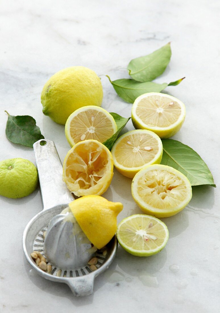 Halved lemons and a lemon juicer on a marble table