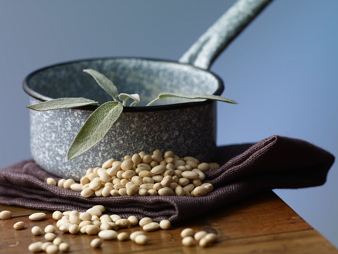 Small white beans and fresh sage on wooden table