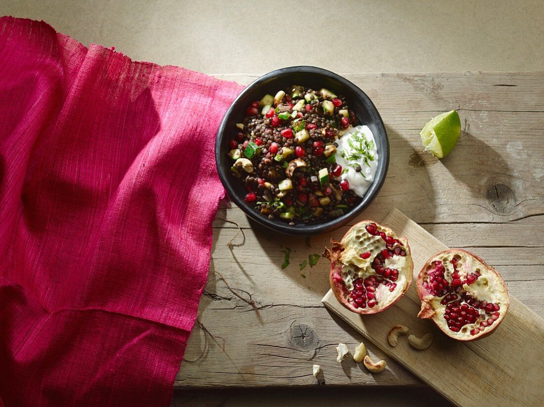 Lentil and pomegranate salad with a yoghurt dressing
