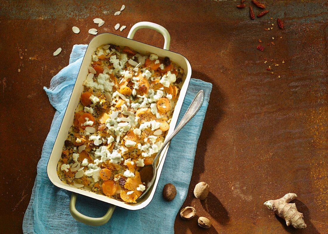 Sweet potato bake with an almond and poppy seed sauce