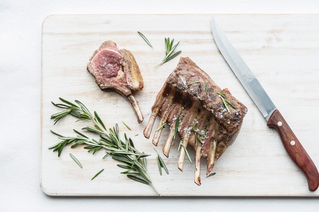 A roasted rack of lamb with rosemary