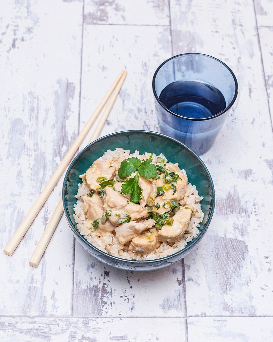 Chicken in coconut milk on a bed of rice