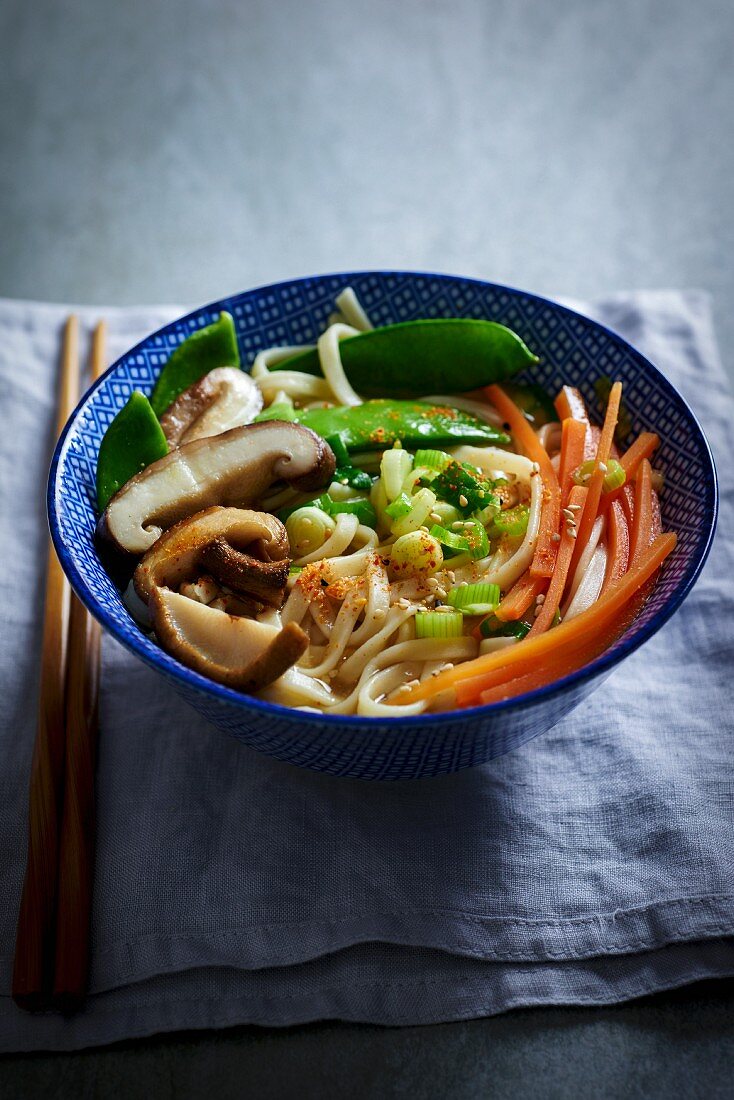 Miso soup with vegetables and udon noodles