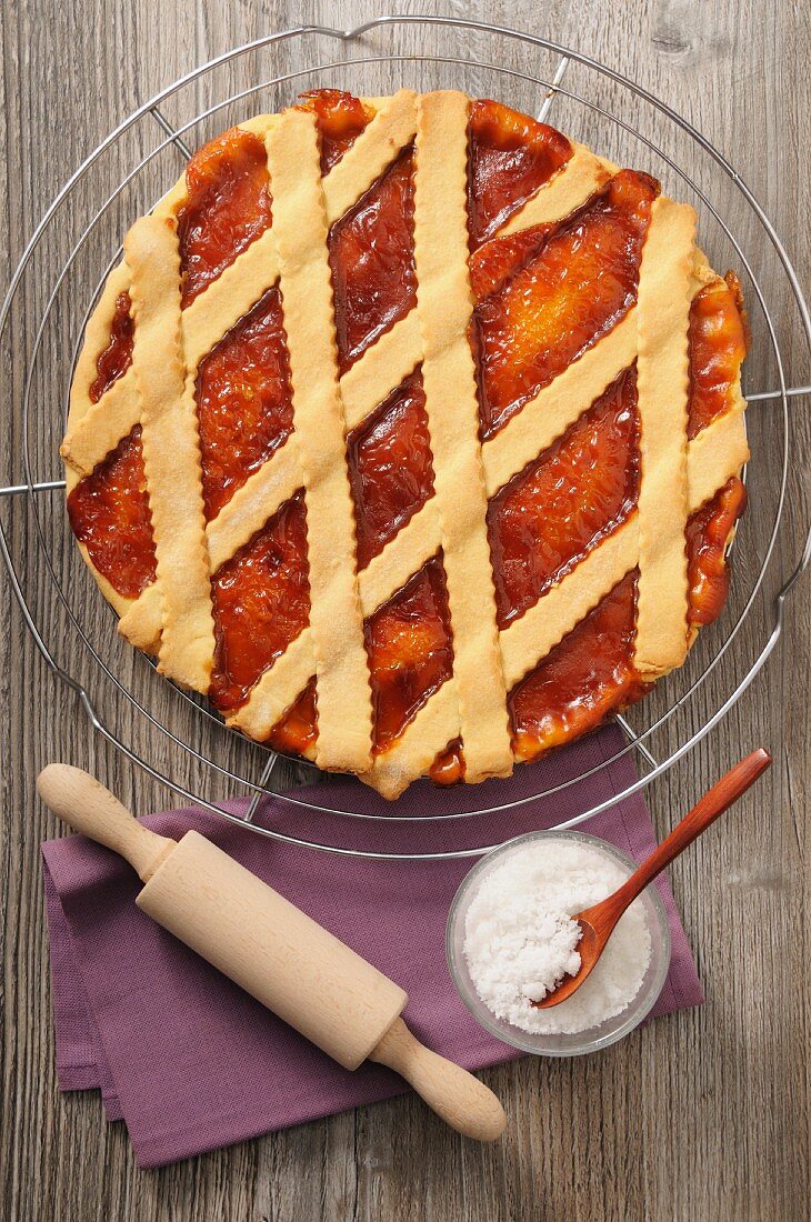 Apricot tart with a lattice topping (seen from above)