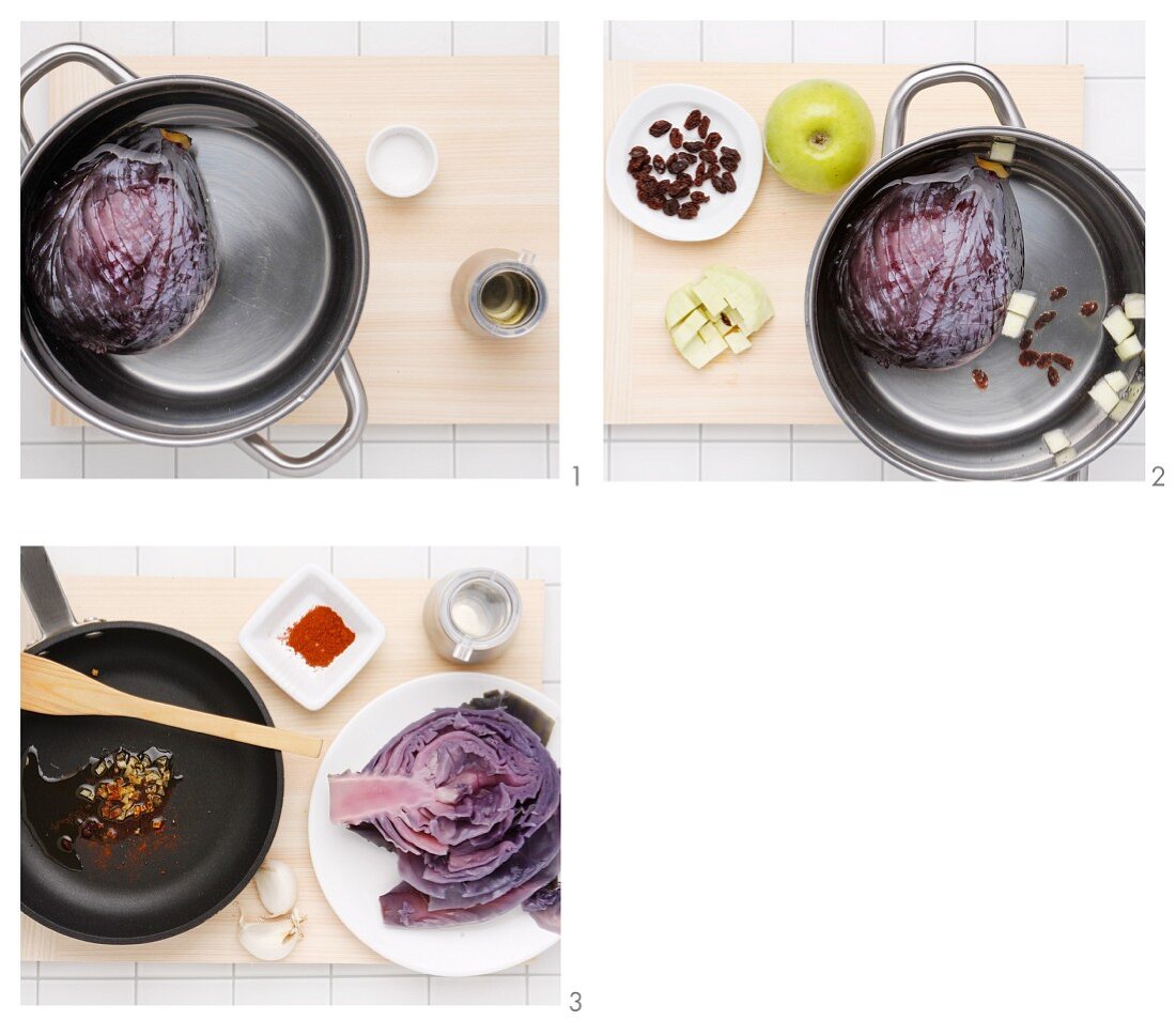 Apple red cabbage with raisins being made