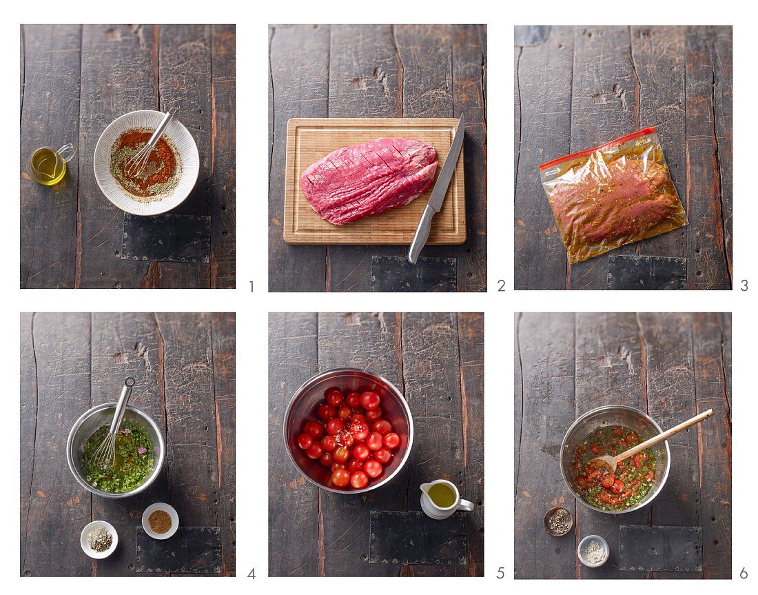 Flank steak with a cherry tomato sauce being made