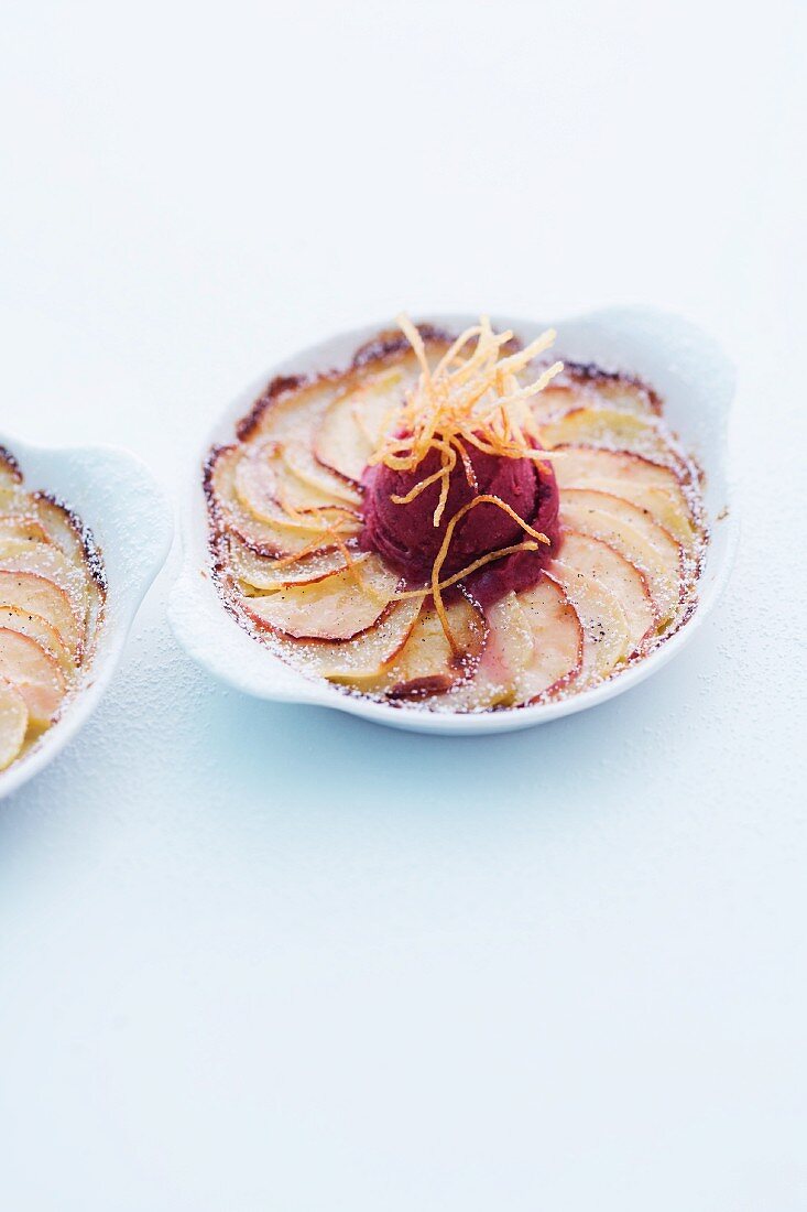 Sweet potato and apple gratin with damson ice cream and potato straw