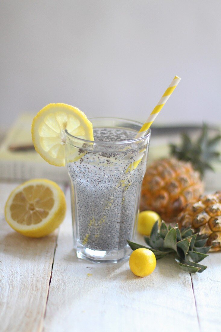 Chia seeds with mineral water and lemon