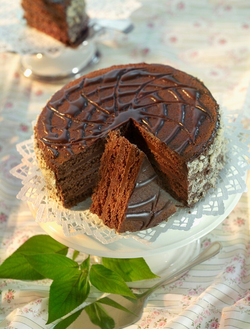 A chocolate pinwheel cake, sliced