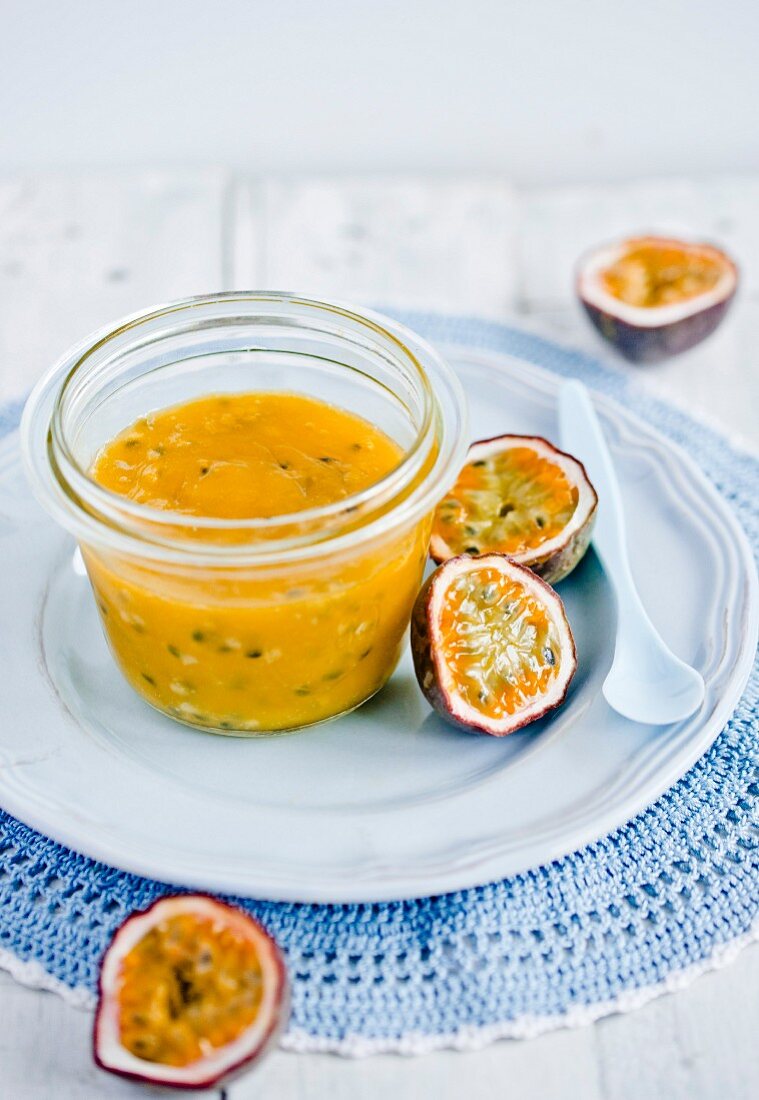 A jar of passion fruit spread