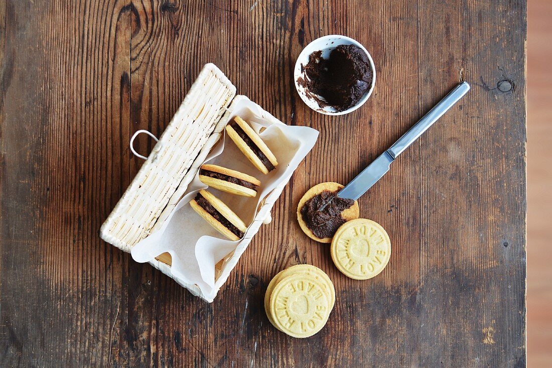 Homemade sandwich biscuits with chocolate cream