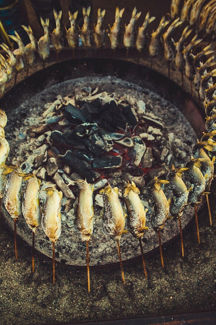 Ayu fish on skewers around a barbecue