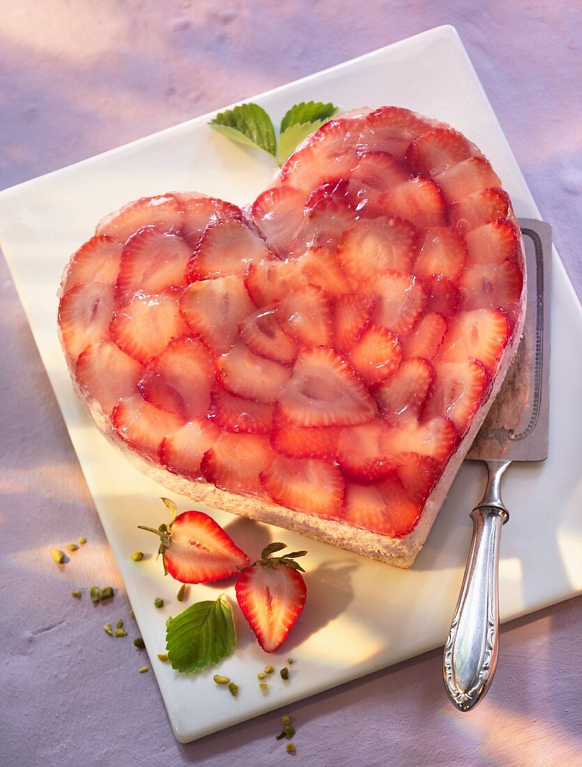 A heart-shaped strawberry quark cake