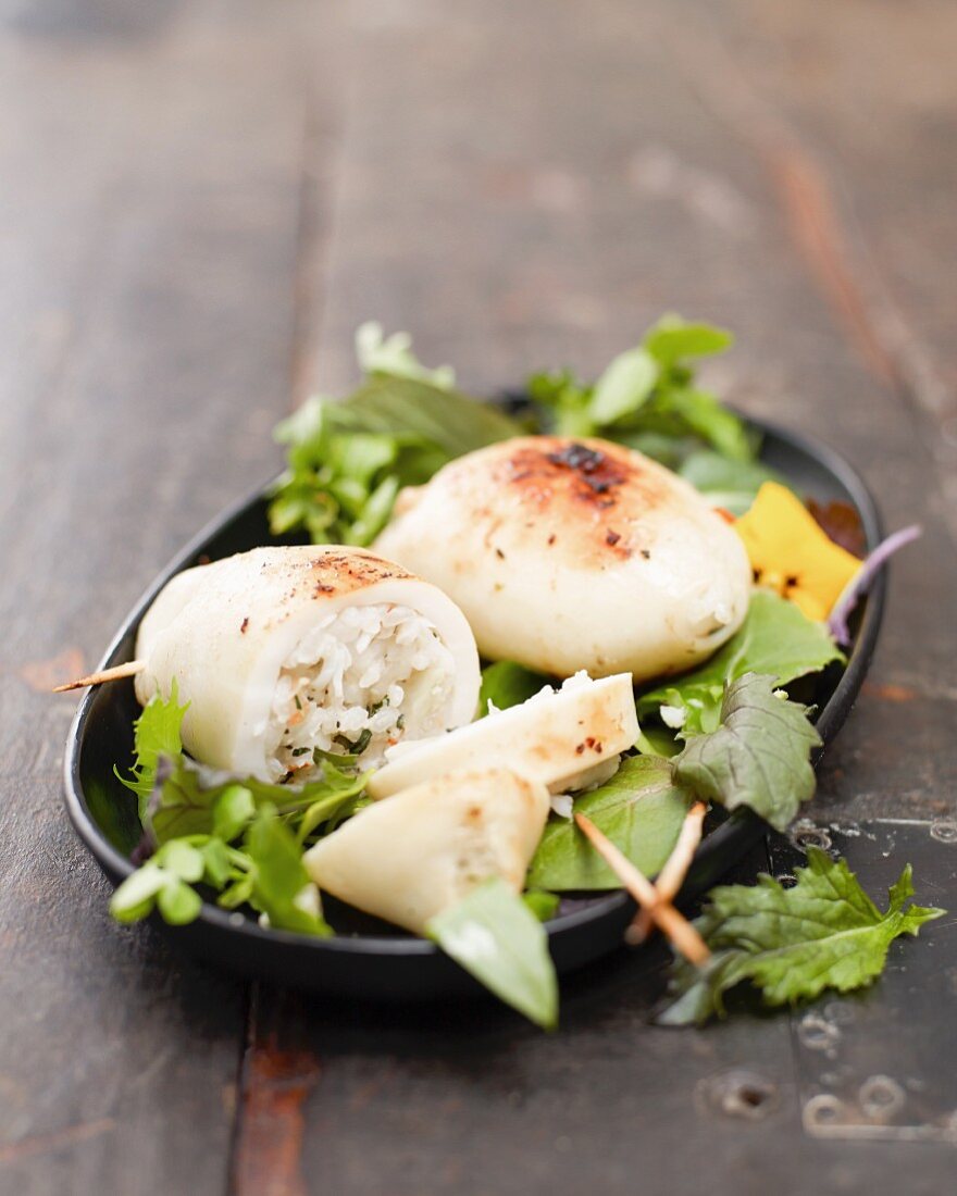 Squid filled with prawns and rice