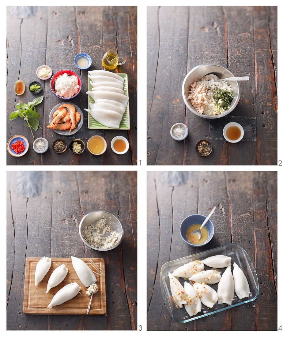 Mit Reis und Garnelen gefüllte Tintenfische zubereiten