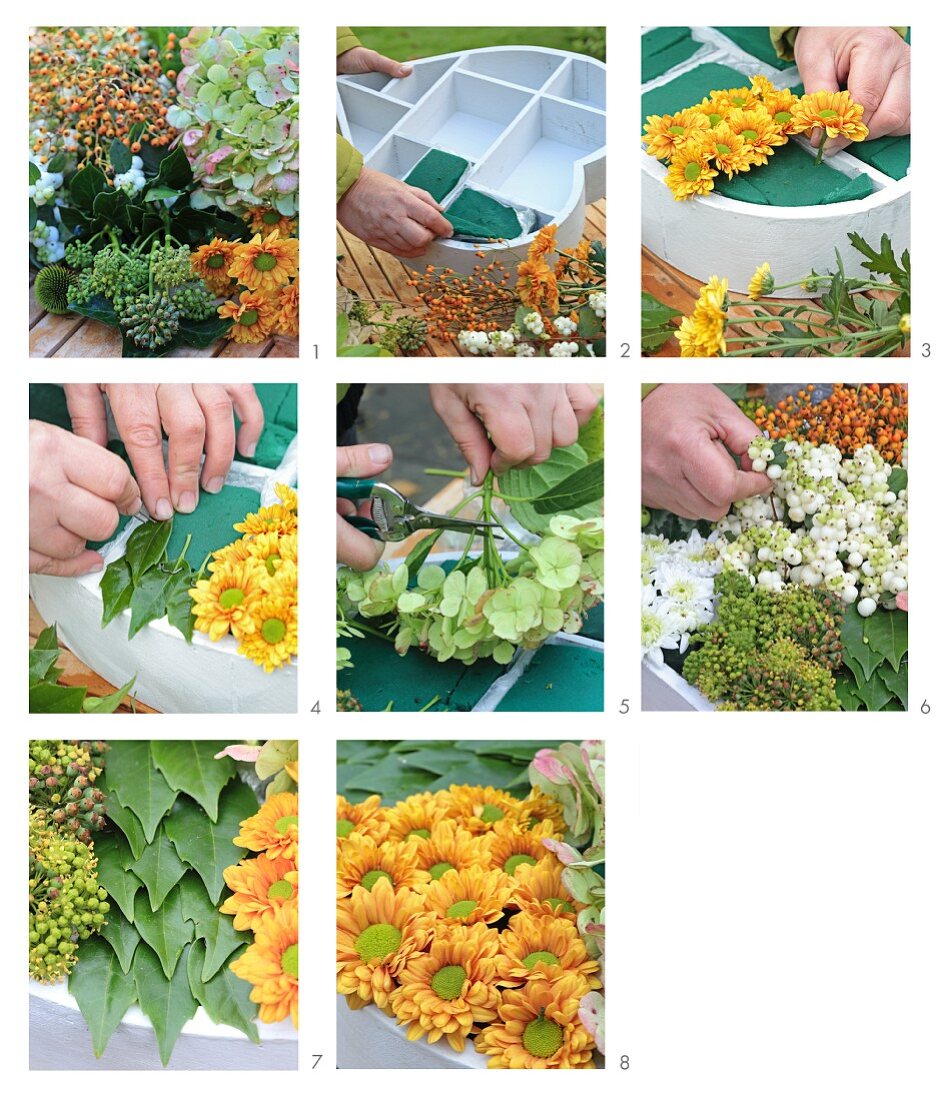 Instructions for making heart-shaped autumn flower arrangement