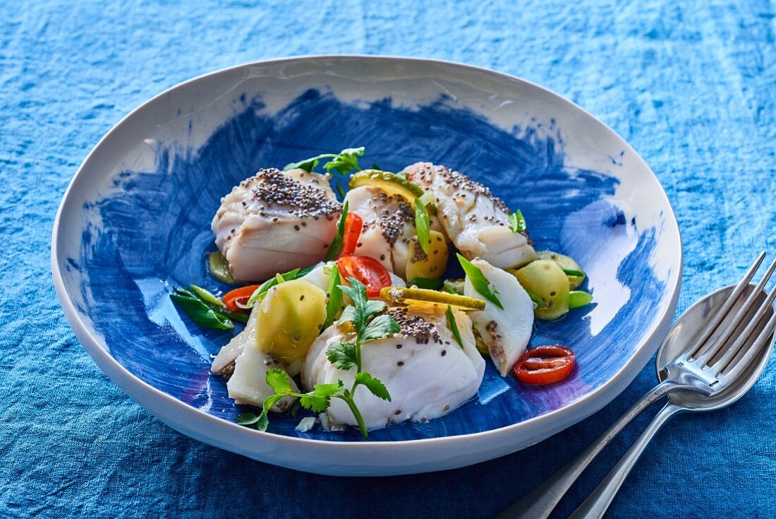 Steamed cod with poppy seeds, chilli and ginger