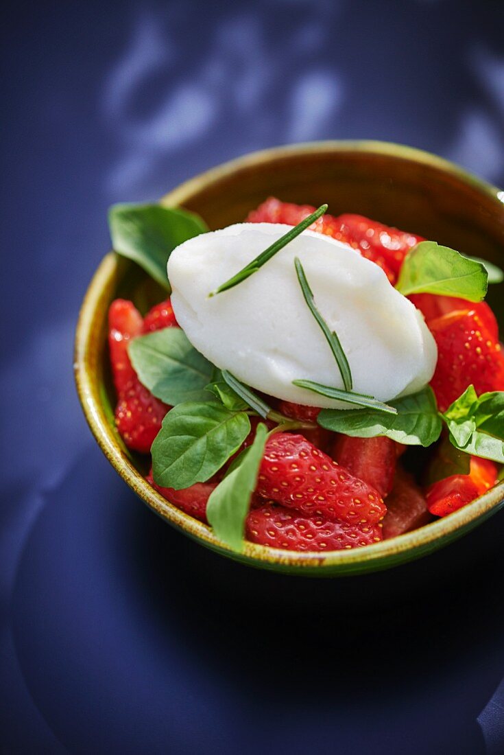 Erdbeeren mit Zitronen-Rosmarin-Eis, Basilikum und Olivenöl