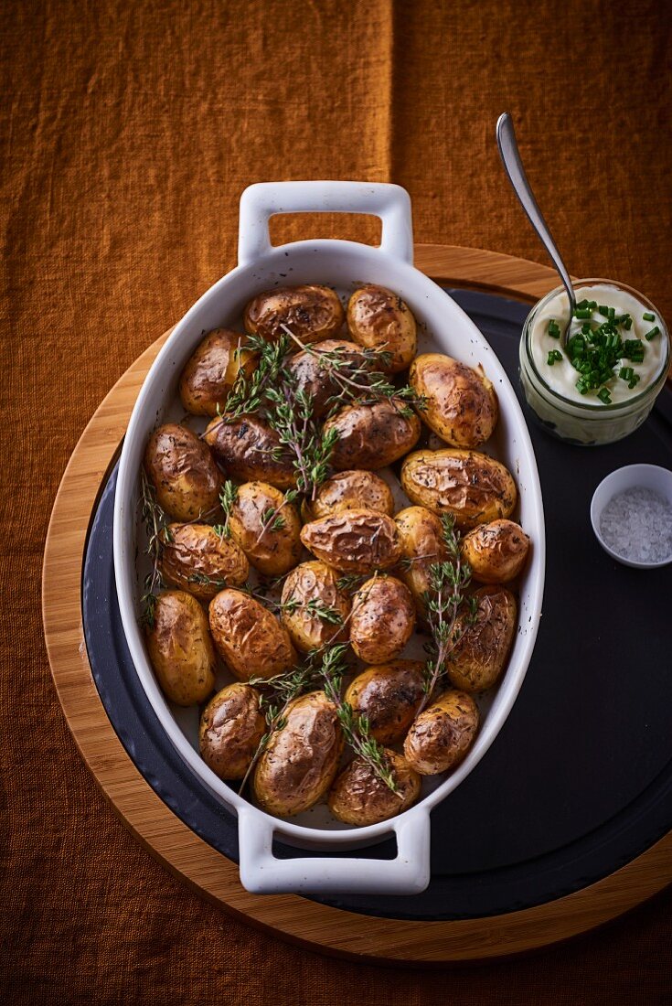 Oven-roasted thyme potatoes with chive crème fraîche