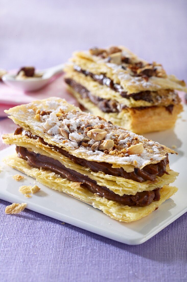 Mille feuilles with chocolate cream and nuts