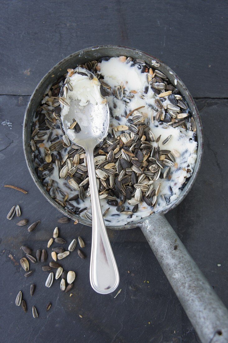 Filling a small vintage saucepan with coconut oil and bird food