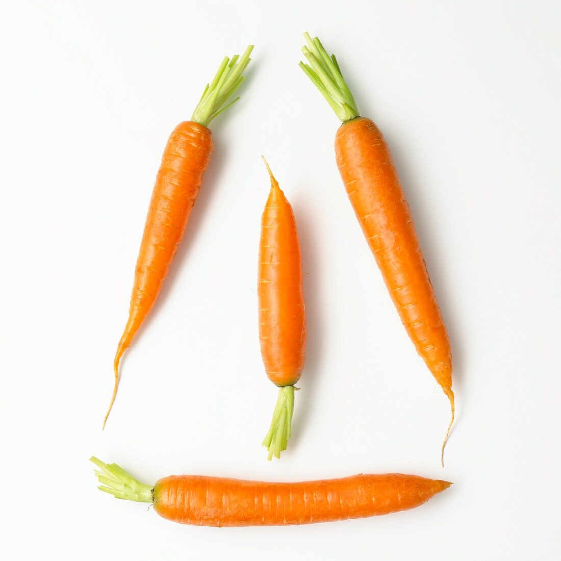 Four carrots on a white surface