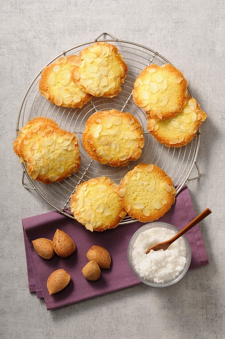 Almond tuiles on a wire rack