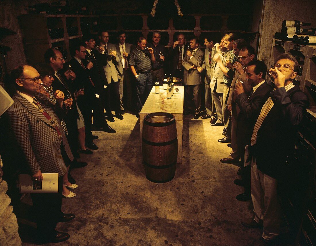 Weinprobe im Keller von Olivier Leflaive, Montrachet, Burgund