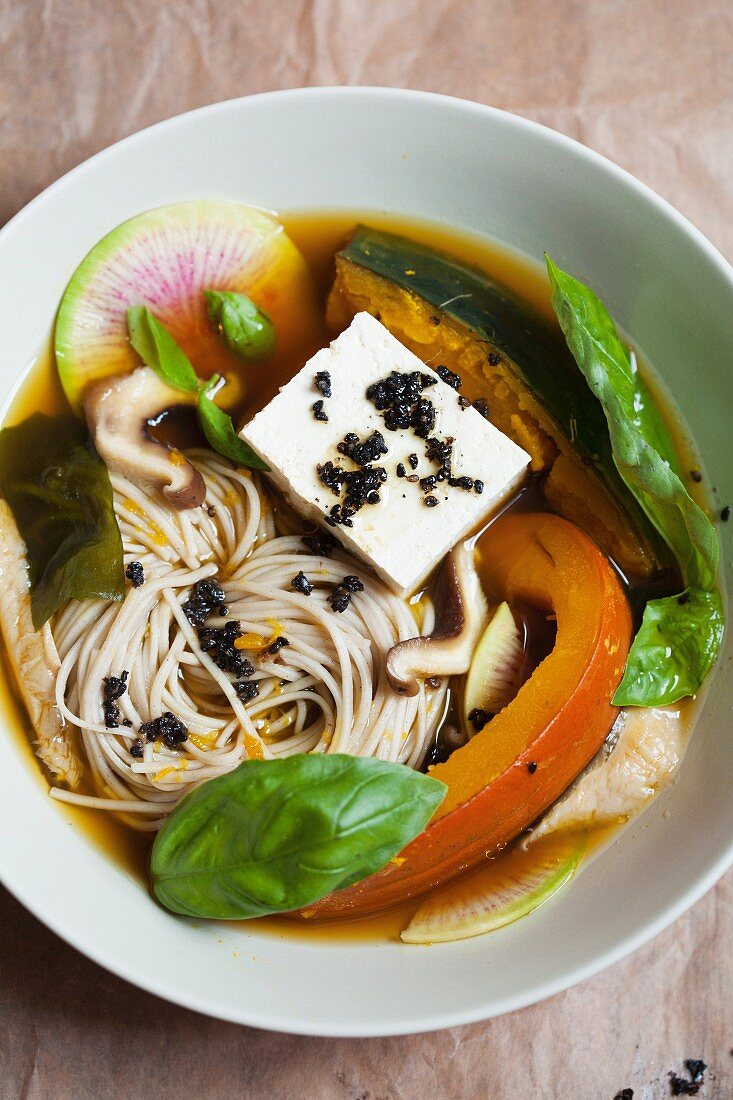 Soba noodle soup with pumpkin, mushrooms and tofu (Japan)