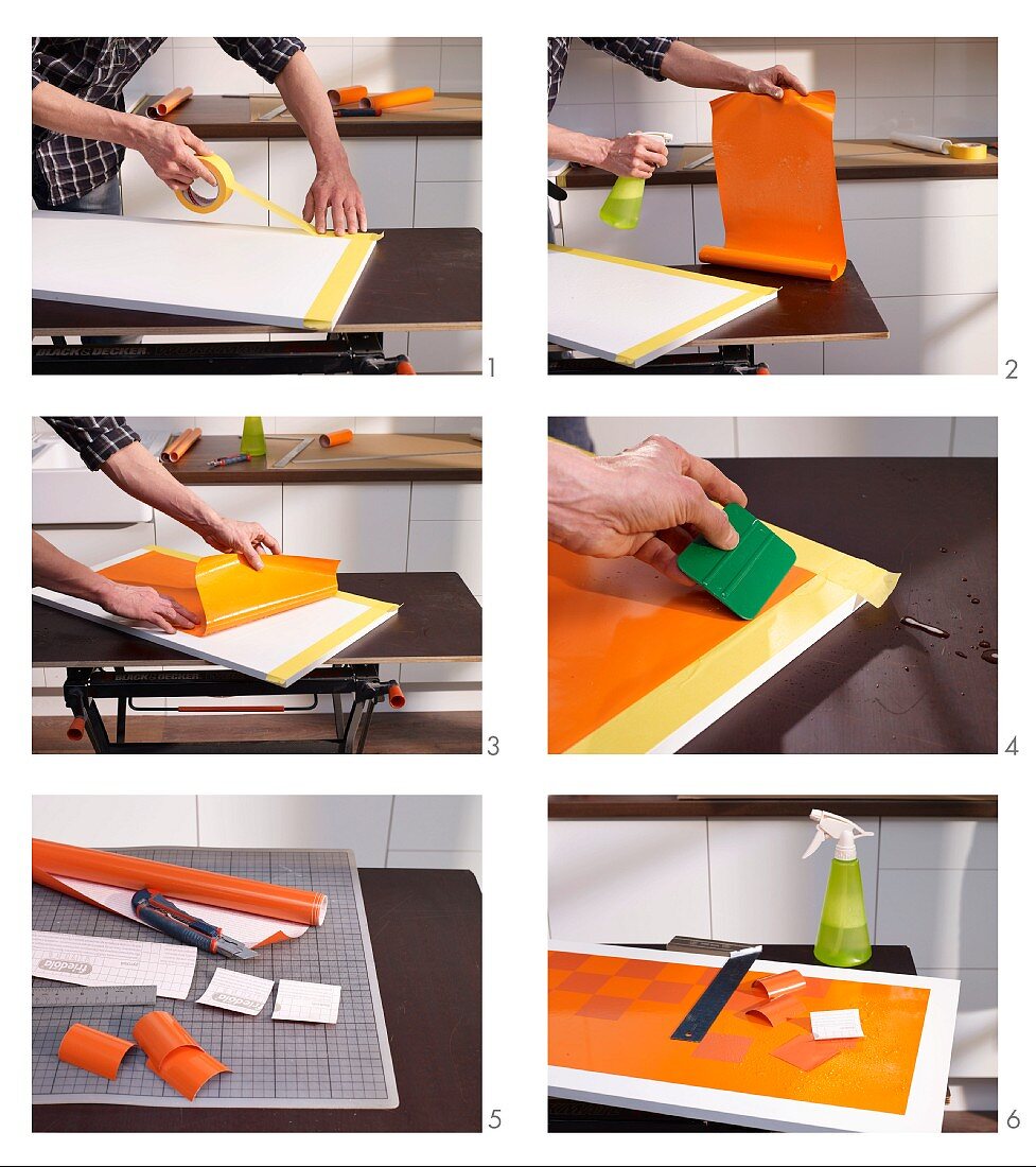 Instructions for revamping kitchen cabinet doors using adhesive film