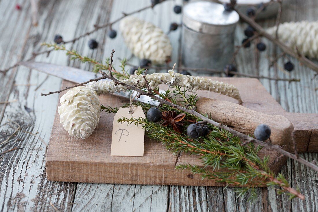 Knife, pine cones dipped in wax, twigs of sloes and sprig of juniper on bread board