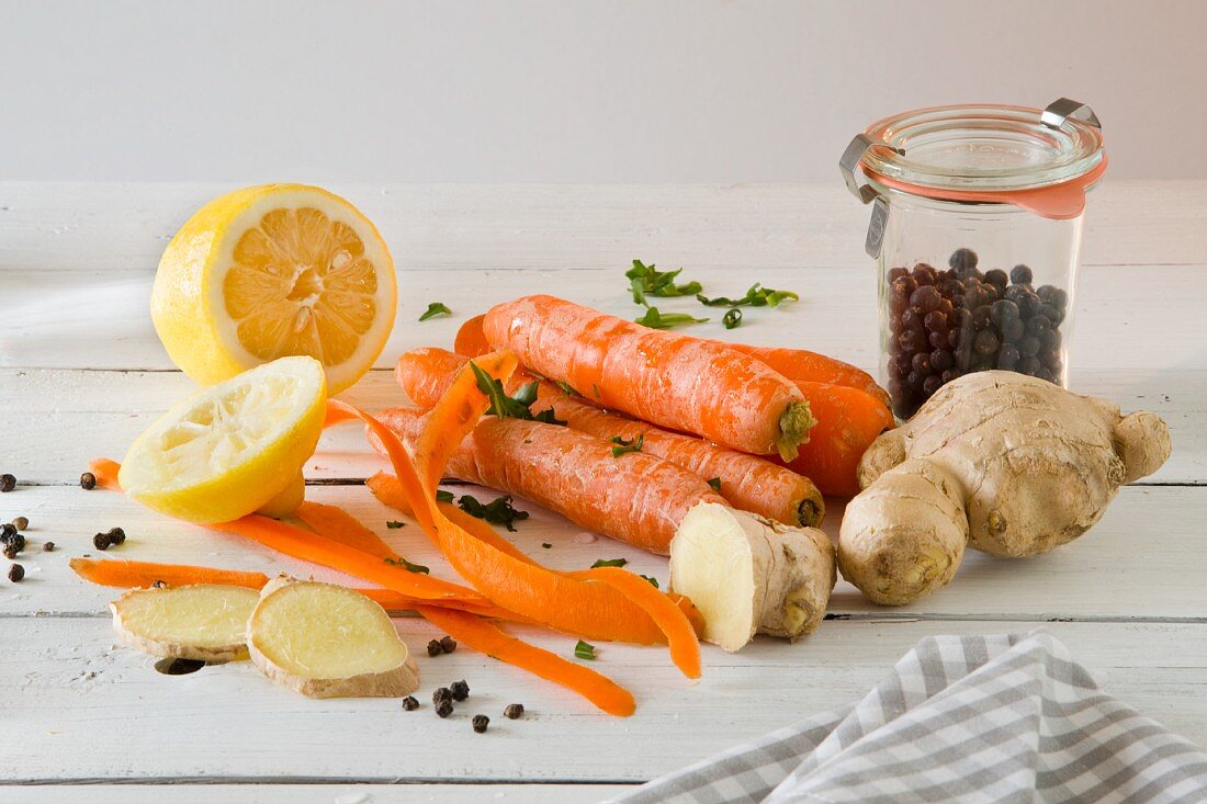 Carrots, ginger, peppercorns and lemons