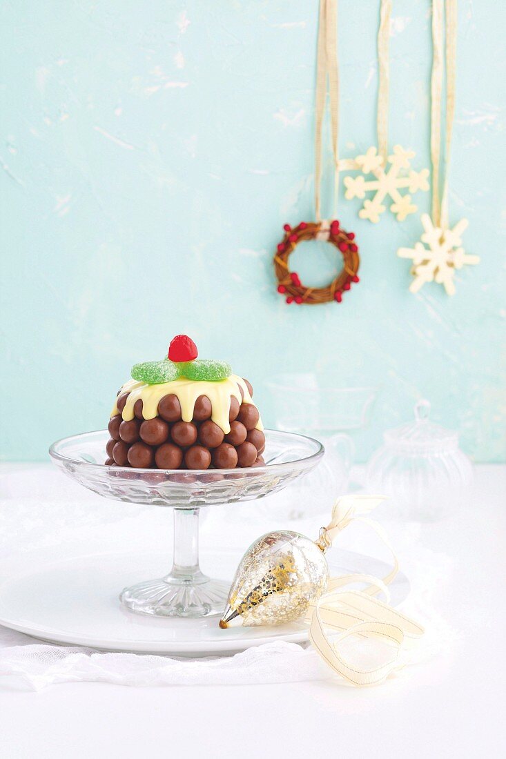 Christmas dessert of chocolate balls with white chocolate icing
