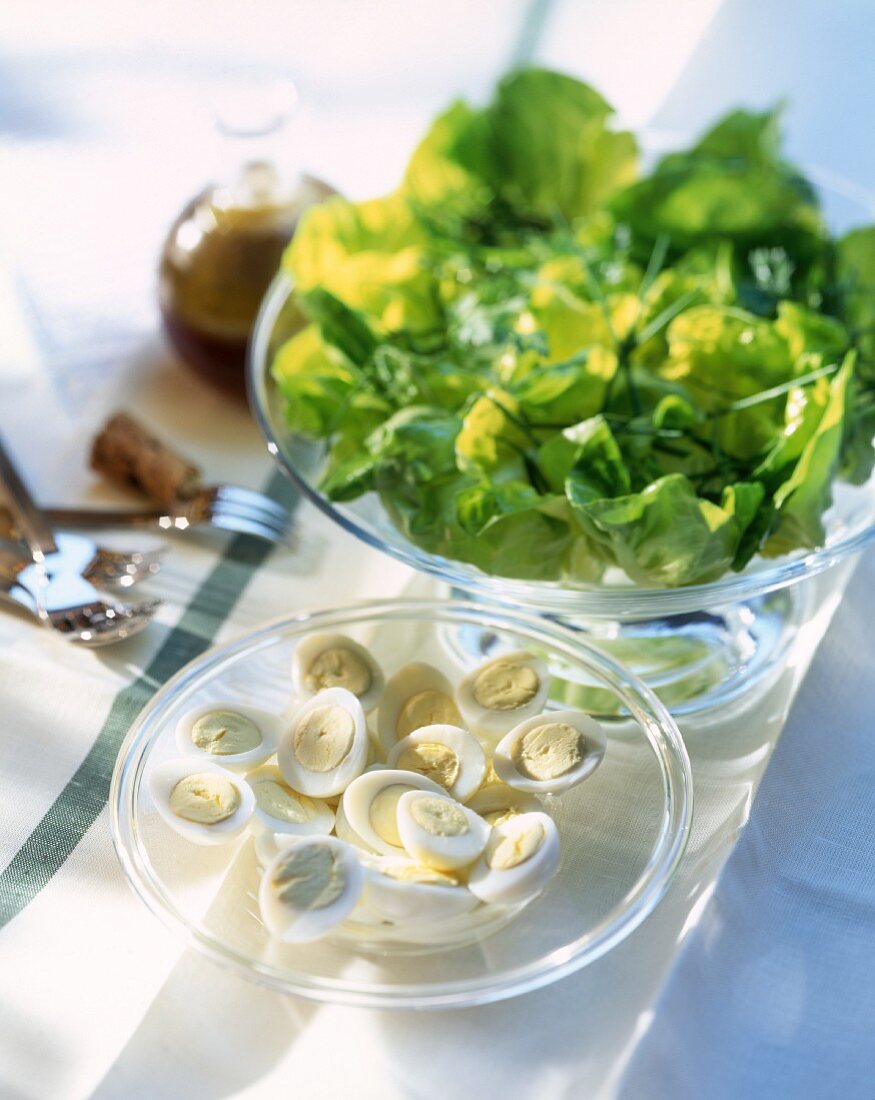 Grüner Salat und hartgekochte Eier