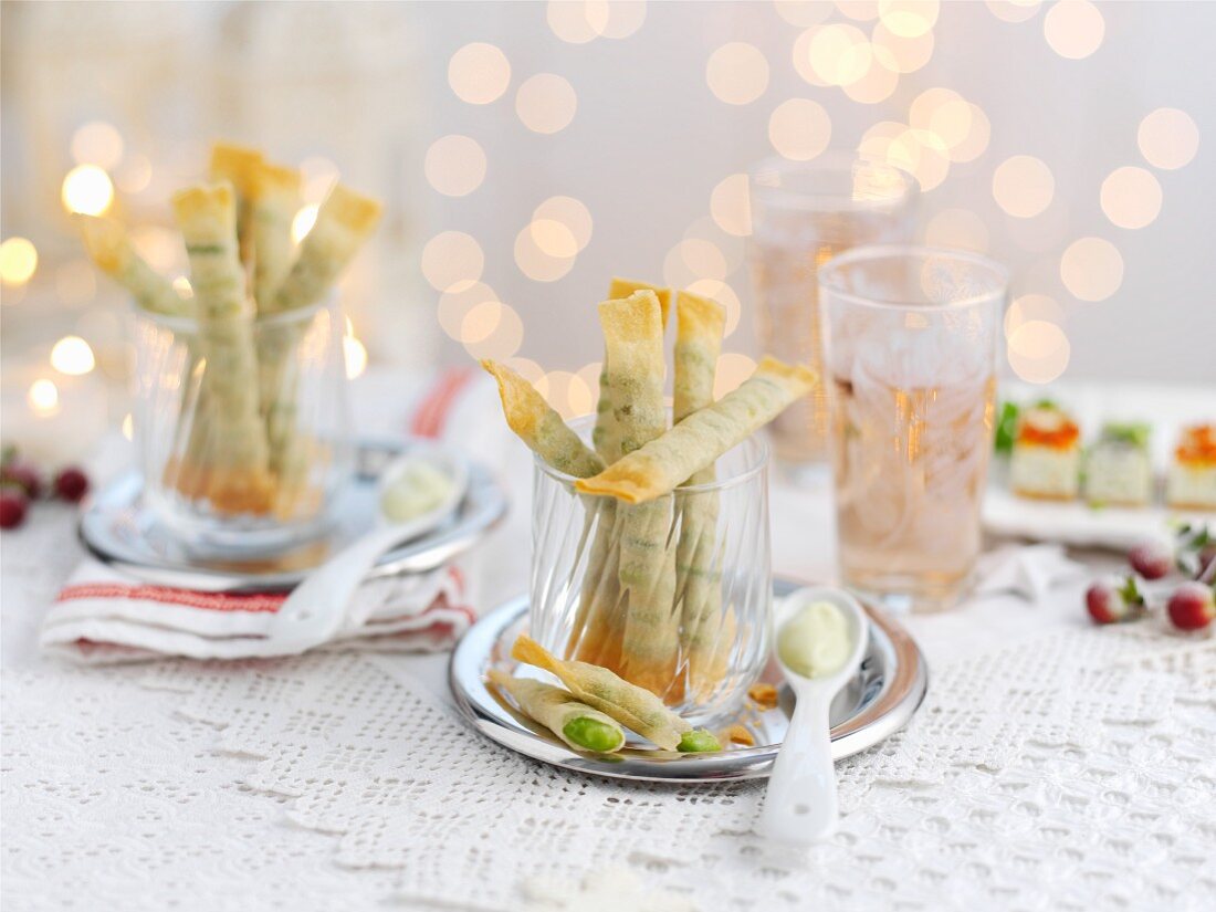 Filo pastry rolls filled with Edamame beans for Christmas