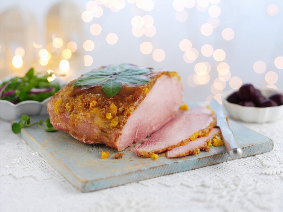 Glazed ham for Christmas, sliced