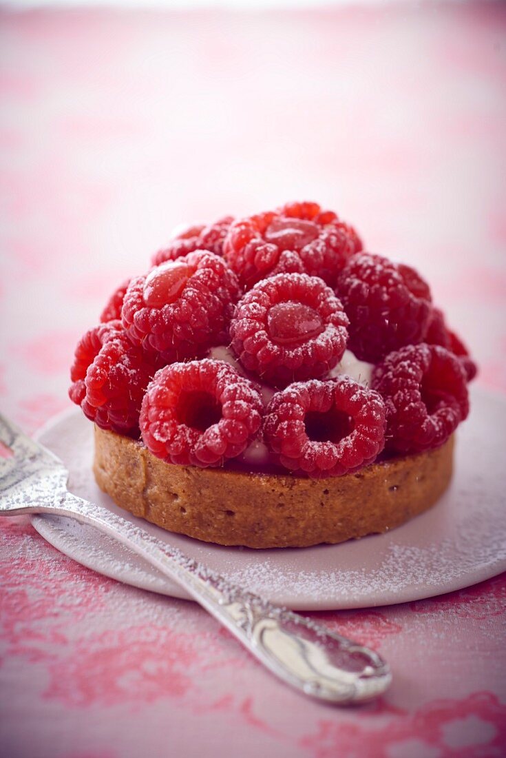 A raspberry tartlet and icing sugar