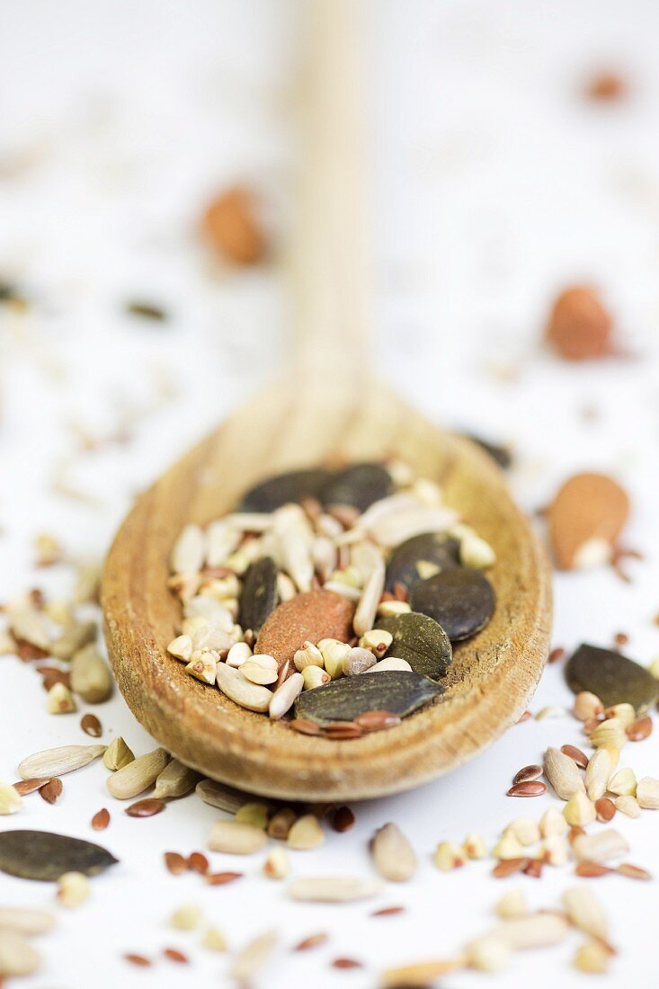 Nuts and seeds on a wooden spoon