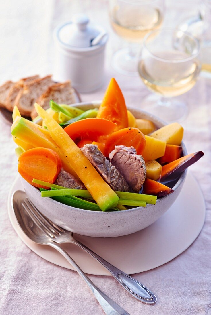 Pot au feu with beef and vegetables (France)